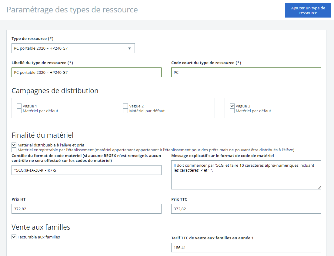 Paramétrage type de matériels distribués en établissement